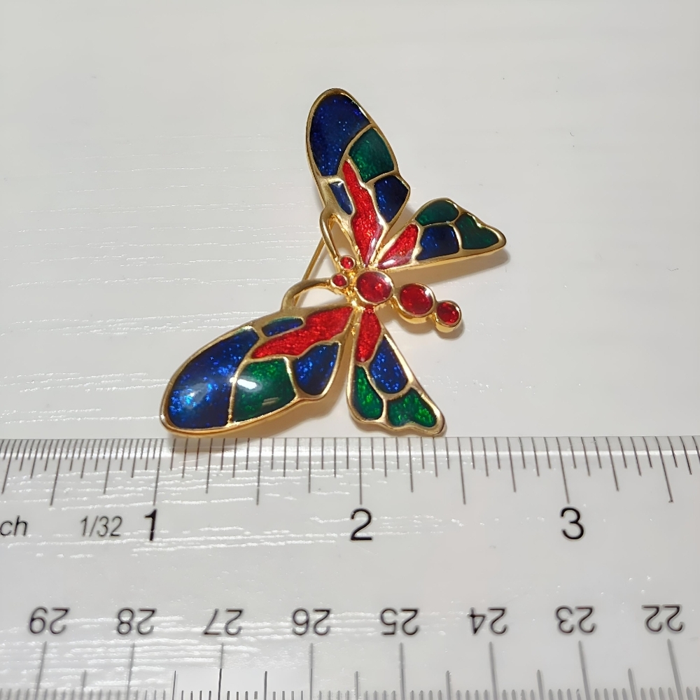 💎 2/$15 Gold tone Multi color Enamel Butterfly Brooch Pin Red Blue Green - Picture 3 of 6